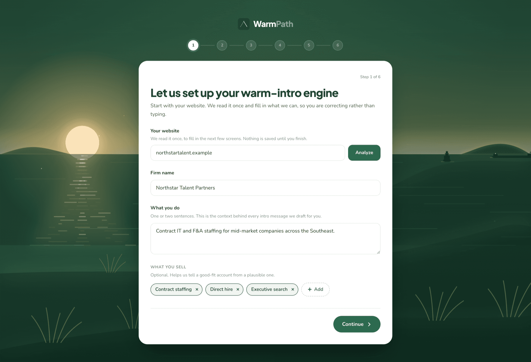 WarmPath onboarding step 1: firm name, website, and what you do